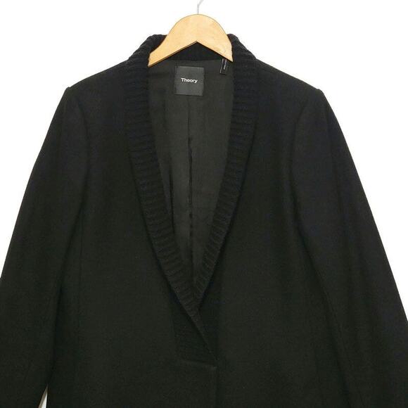 Theory Wool Cashmere Shawl Collar Single Breasted Mid Length Black Coat Size L - Picture 2 of 16